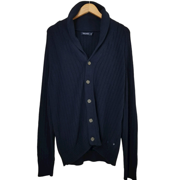 Navy Blue NAUTICA Cardigan Button Sweater w/ Elbow Patches - Medium